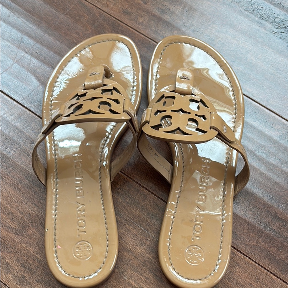 Tory Burch Tan Sandals with Wide Strap and Slip-On Design